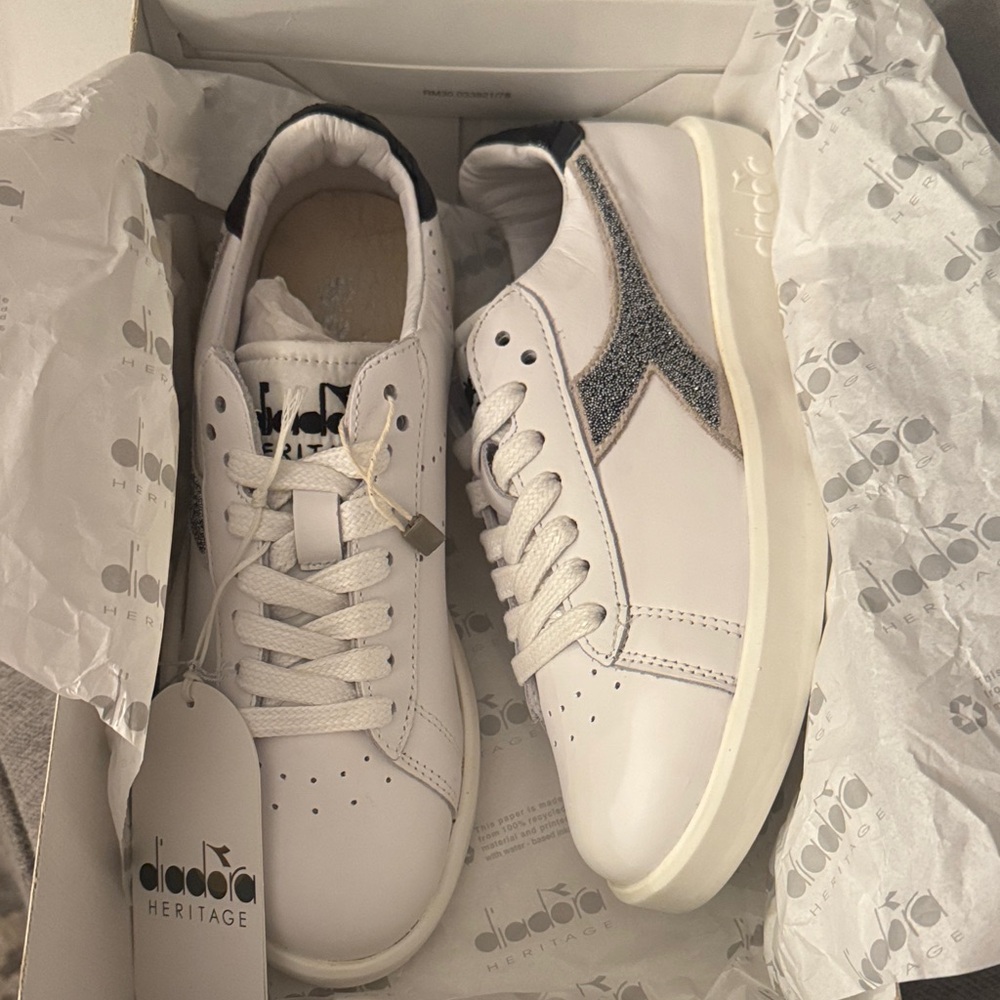 Diadora Heritage Women's White and Silver Sneakers, Swarovski crystal logo, 5.5
